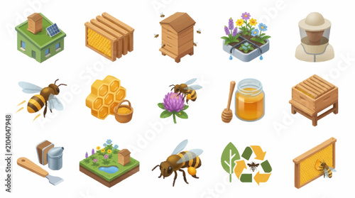 Tableau sur toile Colorful flat vector icons of bees and honey products.