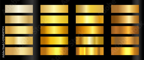 Gold gradient metallic palette set vector. Shiny golden chrome foil texture library for premium graphic fills.