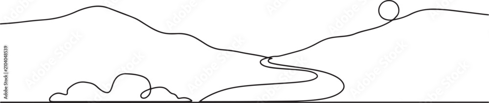 Obraz premium Landscape concept. Single line draw design vector graphic illustration. one line art icon drawing