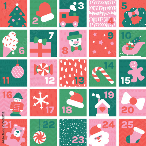 Illustrated Christmas Advent Calendar Set of  Square 25 Holiday Illustrations for Daily Posts and Print