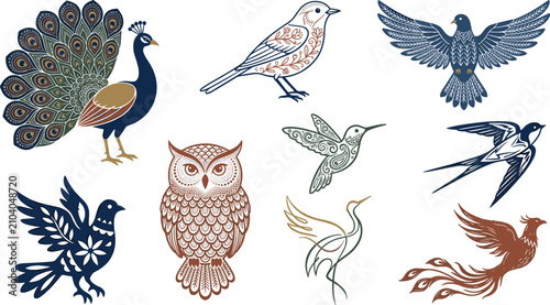 Photos Artistic decorative bird vector illustration set featuring patterned peacock owl