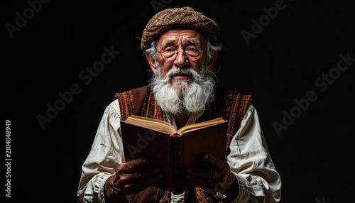 Old Wise Reader in Vintage Robes Illuminates Night Study.