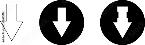 Down arrow icon set with outline, solid and circular styles. Modern downward direction, download, navigation and pointer vector symbols for web, mobile app, software and design .