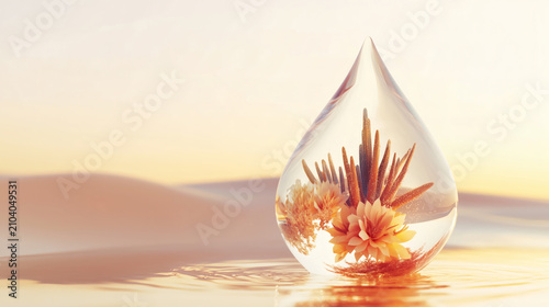 Abstract oasis in a water drop concept with blooming orange flowers inside crystal droplet