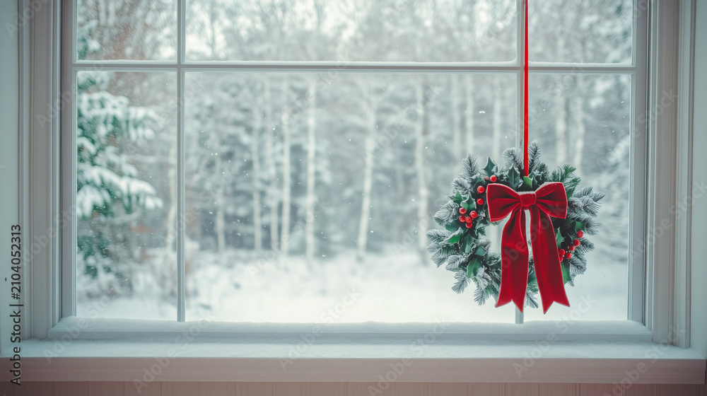 Obraz premium Christmas wreath with big red bow hanging on window with winter snow view