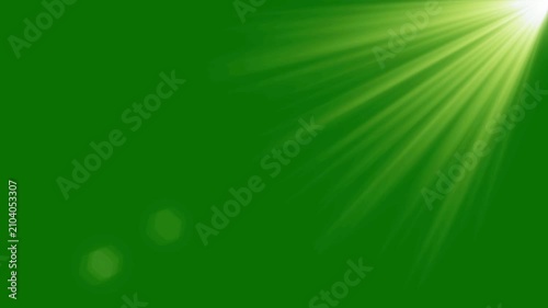 Top right side sun ray on green screen. bright light lens flare effect, Beams lights on stage with green screen background. Top center sun rays or god bless rays on green screen. flashing light effect