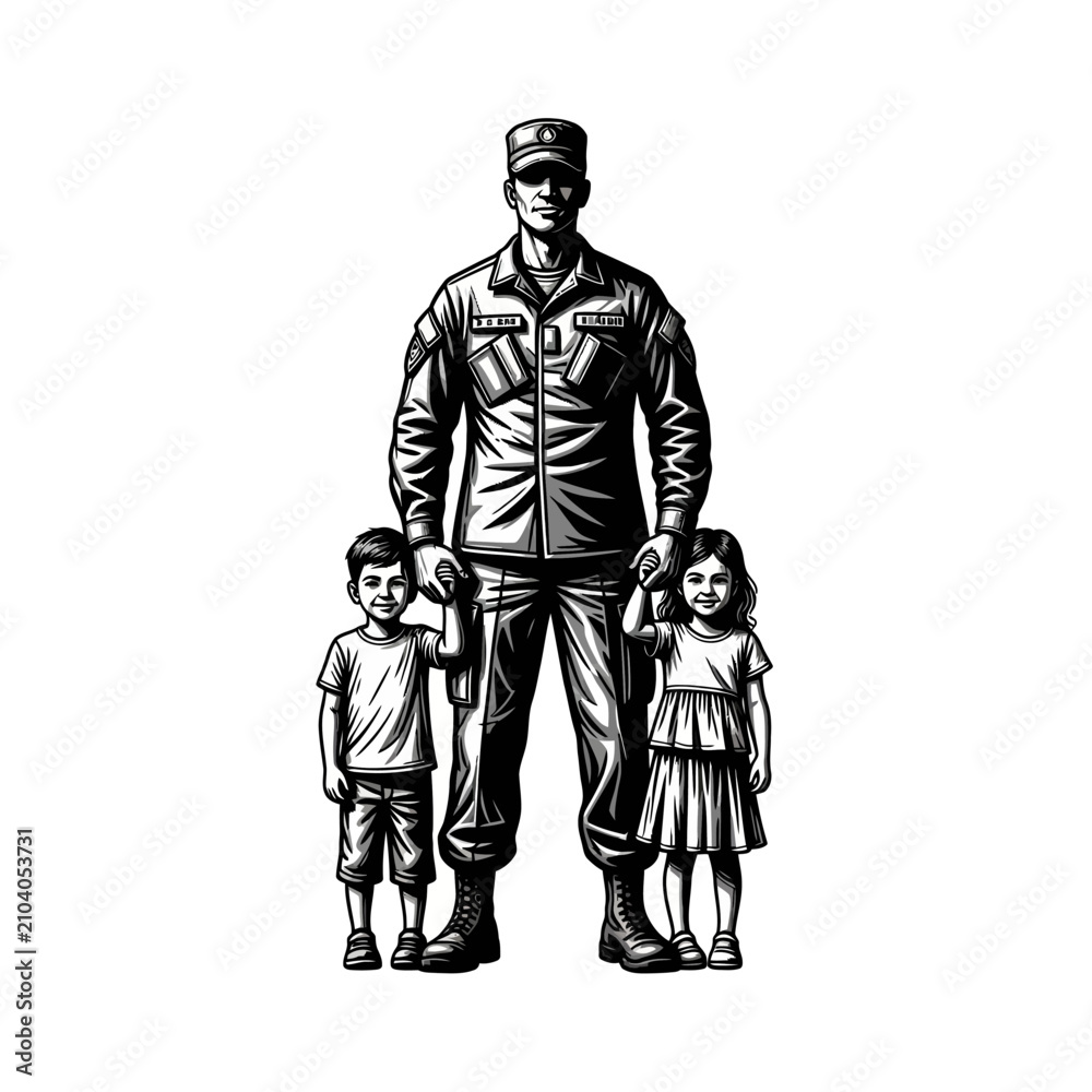 Obraz premium Military Father Holding Hands with Children, Heroic Silhouette