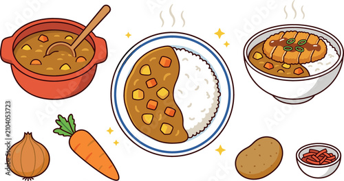 Obraz na plátně Traditional Japanese curry rice and katsu curry bowl cartoon vector element set