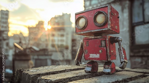 The sunset casts a beautiful glow on a cute red pixel robot toy in the city.