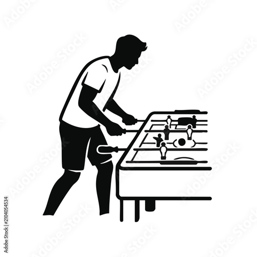 Young adult playing foosball. Silhouette of man playing table soccer. Vector graphic isolated on transparent background