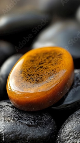 Discover the beauty of an amber lotion bar set atop a collection of smooth black stones.