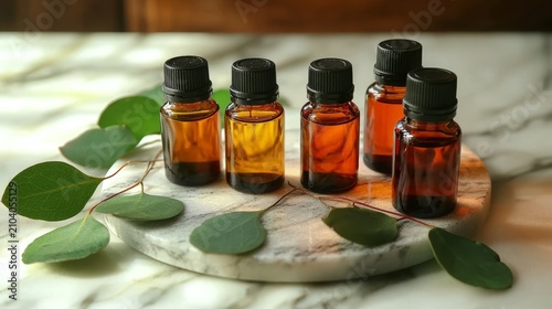 Amber glass bottles filled with essential oils are elegantly displayed alongside fresh eucalyptus leaves on a marble surface.