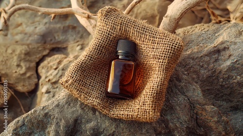 Amber oil bottle presented in a rustic brown burlap bag.