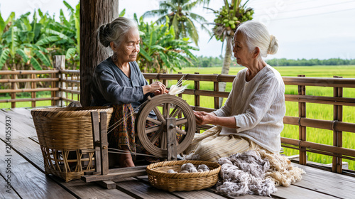 AI generator images of  An elderly Thai woman is reeling silk—one of the production steps for silk fabric, which represents a unique cultural tradition of Asian village life.