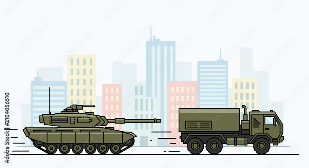 Fototapeta premium Military Tank And Truck In Urban Landscape Illustration