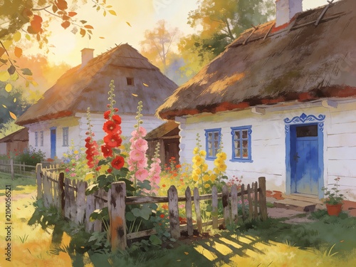 Idyllic Traditional Ukrainian Village Scene with Thatched Roof Houses and Blooming Hollyhocks in Golden Hour Sunlight - Digital Painting
