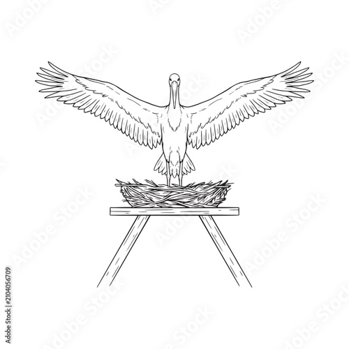 Obraz na plátne Stork With Nest Black And White Line Art Illustration