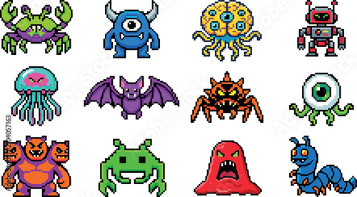 Obraz na plátne Pixel art retro arcade video game monsters vector icon collection featuring alien creatures, cyclops, brain jellyfish, robot, bat, spider, eyeball, and slime