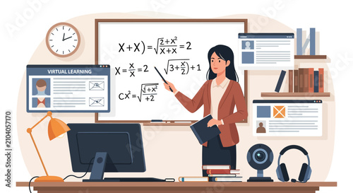 Female teacher explaining mathematical equations on whiteboard during online class.