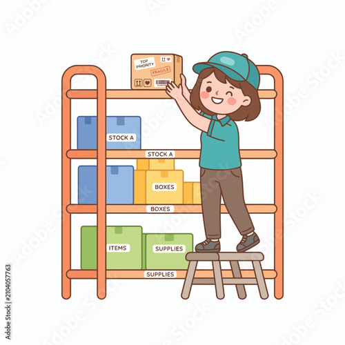 Young Female Worker Organizing Cardboard Packages on Warehouse Shelves Using a Stepladder