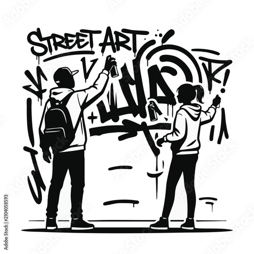 Teenagers creating street art graffiti. Black and white silhouette illustration. Vector graphic isolated on transparent background