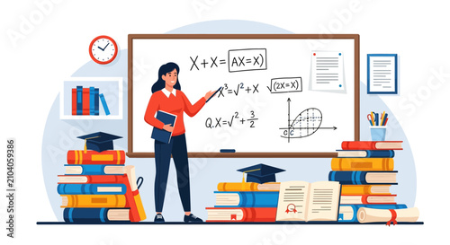 Female teacher explaining mathematical equations on a whiteboard in a classroom setting.