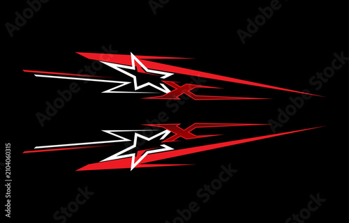 Abstract racing car side decal design with star and x shape elements, vector graphic for vehicle vinyl wrap, sports car sticker, and racing livery