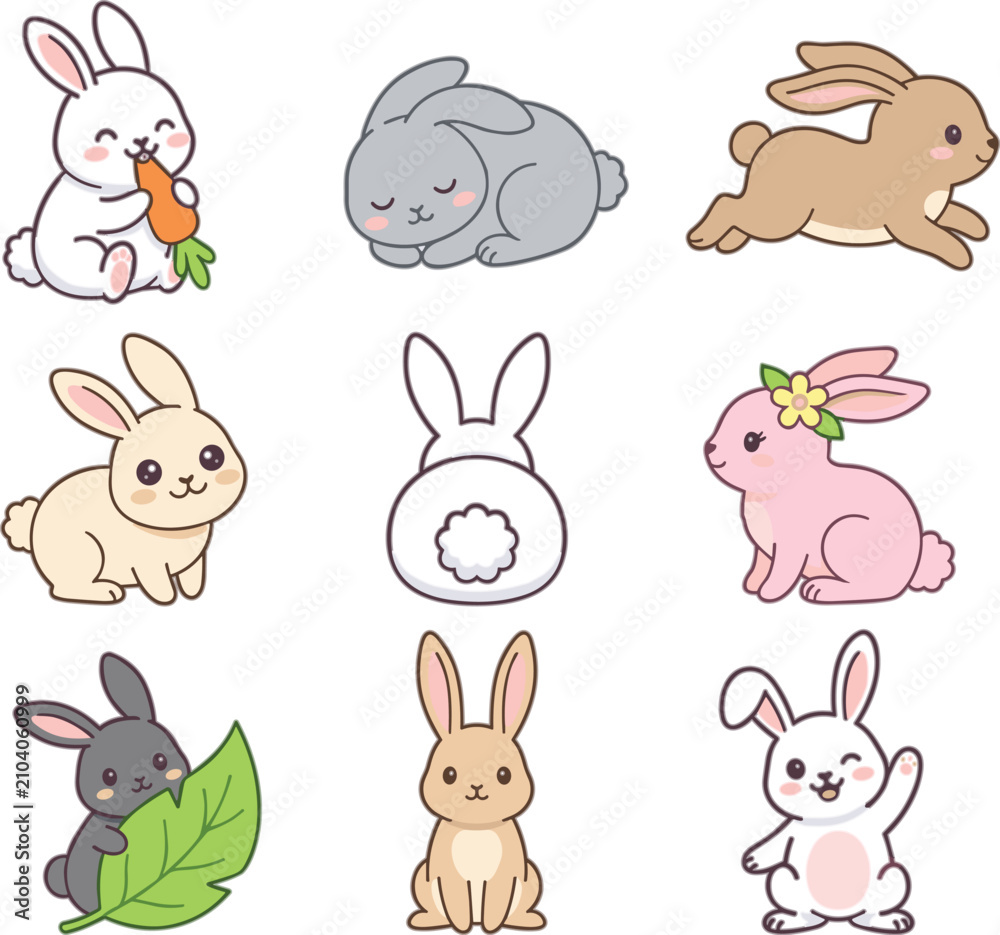Obraz premium Cute bunny rabbit vector character set with cartoon hares eating carrot sleeping running jumping and waving in kawaii style