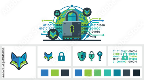 Cybersecurity branding kit with fox logo and data protection icons