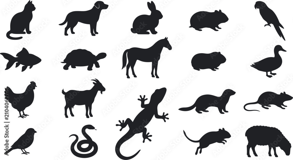 Fototapeta premium Set of black silhouettes of different domestic and farm animals including cat dog rabbit horse pig chicken and other pets for veterinary and farming design projects