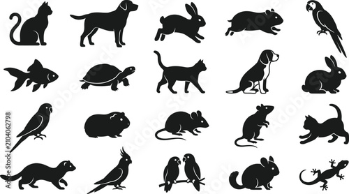 Set of black silhouettes of popular domestic house pets including cats dogs rabbits birds fish and small rodents isolated in a collection for veterinary and animal design