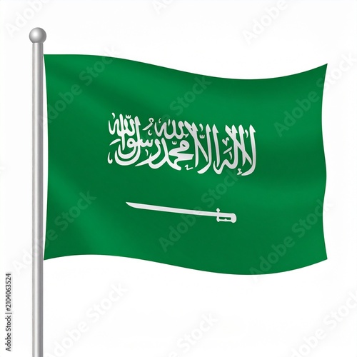 Green Saudi Flag on Pole with Arabic Inscription