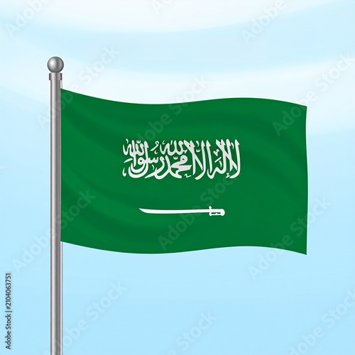 Green Saudi Flag on Flagpole with Sword Emblem in Wind