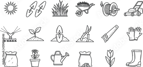 Set of gardening icons, outline style