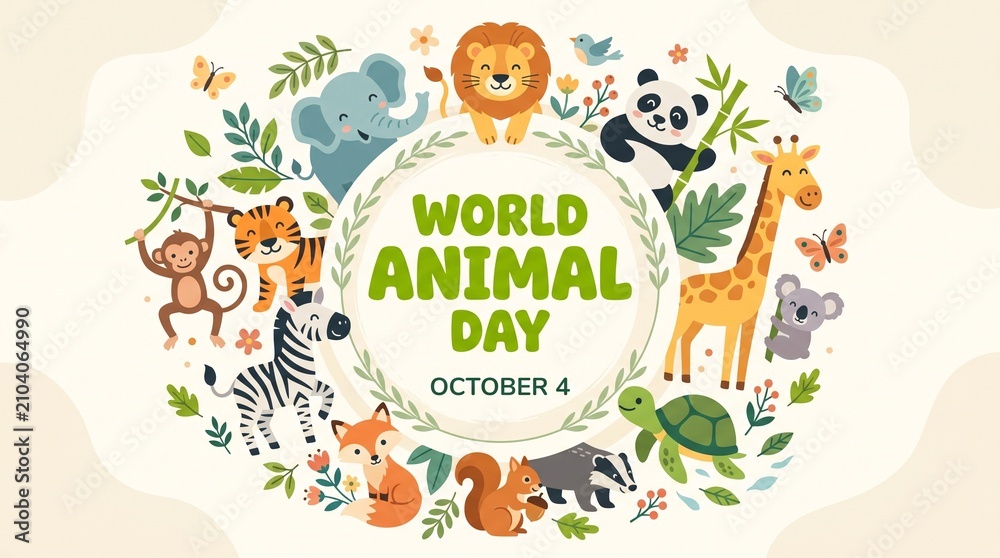 Fototapeta premium World Animal Day illustration featuring cute wild animals including lion, elephant, panda, giraffe, zebra, tiger, monkey, fox, koala, turtle, squirrel and badger celebrating October 4, promoting wild