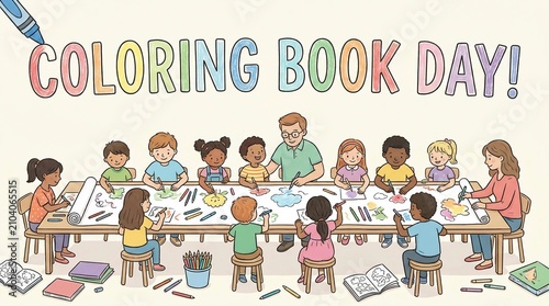 Children coloring together at a table. Diverse kids enjoying a creative art activity.