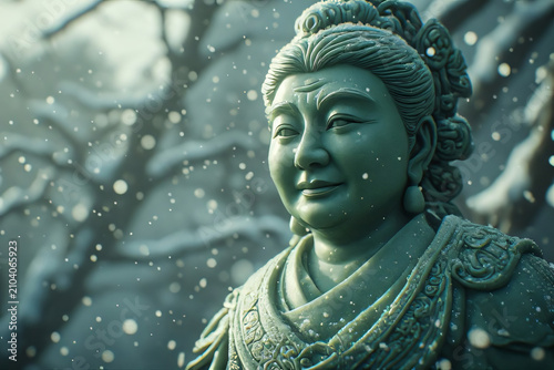 Ancient Stone Buddha Statue Head in a Peaceful Garden Park with Zen Spiritual Atmosphere and Asian Buddhist Cultural Heritage