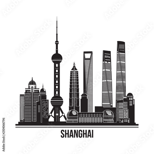 Photography Shanghai Skyline Silhouette Against White Background Architectural Illustration