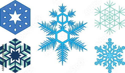 Cuadro en lienzo Winter Snowflake Geometric Vector Icon Set with Blue Hexagonal Ice Crystals, Abs