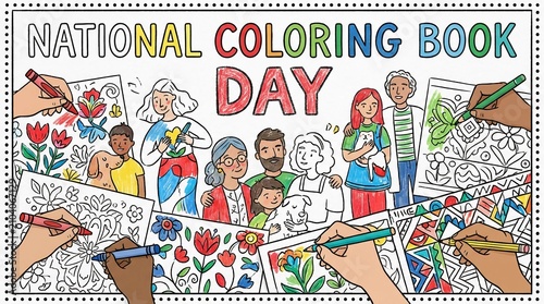 National Coloring Book Day banner. Diverse people coloring together for creative activity.