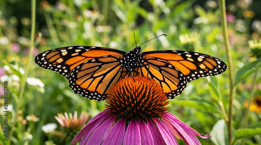 Obraz premium Monarch butterfly resting on purple cone flower in nature for nature education projects . Ai Generated