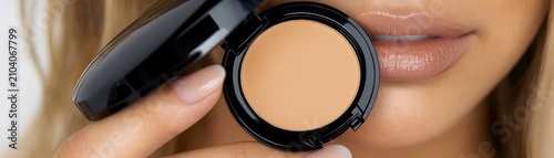Woman holding compact powder case near mouth for professional beauty makeup application photography