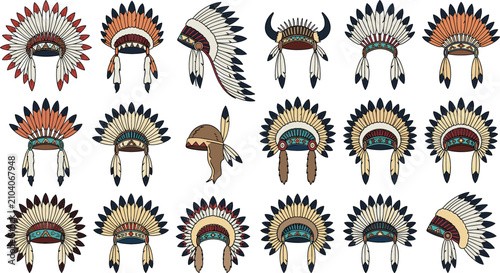 Schilderij op canvas Native American style war bonnet vector illustration set featuring indigenous tr