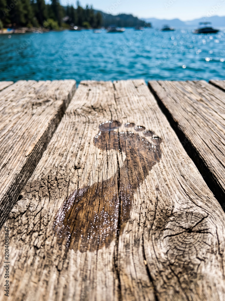 Fototapeta premium Detailed Close Up of Footprint Imprint on Wooden Dock Boardwalk Near Sea