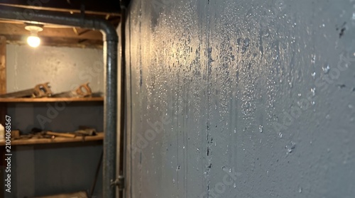 Condensation droplets forming on a cool basement wall in summer