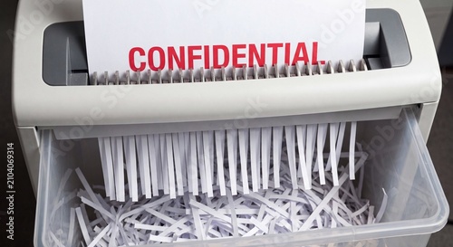 Document shredder destroying confidential paperwork for enhanced corporate security and sensitive data protection measures with labeled confidential thin