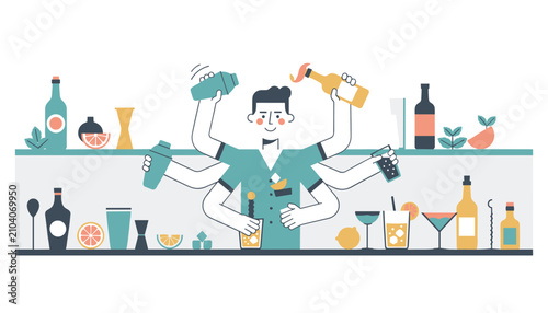 Multitasking bartender with many arms preparing a variety of drinks and cocktails behind the bar counter.