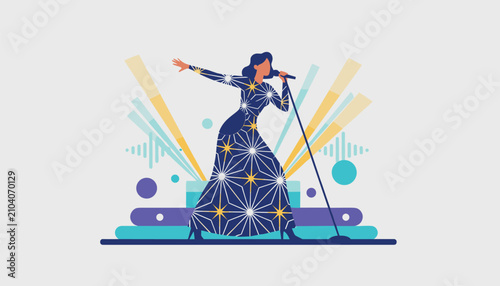 Elegant female singer wearing a starry long dress performing on a stage under colorful spotlight beams and sound waves.