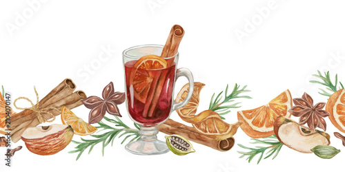 Cuadro en lienzo Hand Painted Watercolor Mulled Wine Seamless Border, Christmas Spices and Cinnamon, Autumn Cozy Floral Frame for Greeting Card Design Template