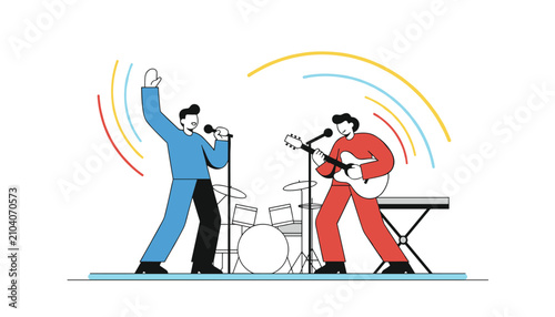Two male musicians performing on a stage with a singer holding a microphone and a guitarist playing music.